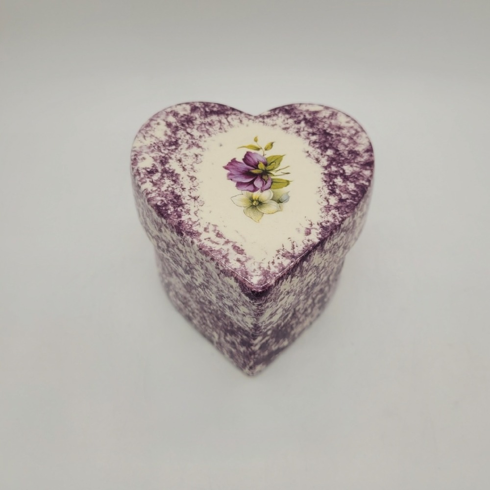 Vintage 1995 Hand Painted Ceramic Heart Trinket Box Purple Floral Spongeware